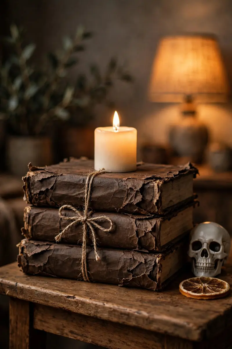 Stack of spell books wrapped in dark craft paper with a glowing candle on a side table