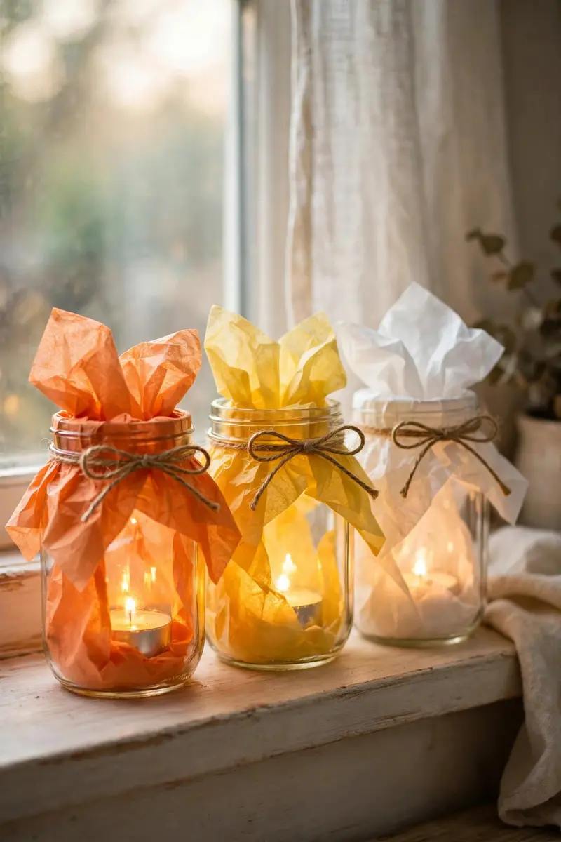 Candy-corn mason jar luminaries in orange, yellow, and white on a windowsill