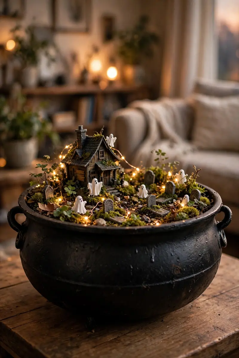 Miniature Halloween fairy garden inside a black cauldron with a tiny haunted house