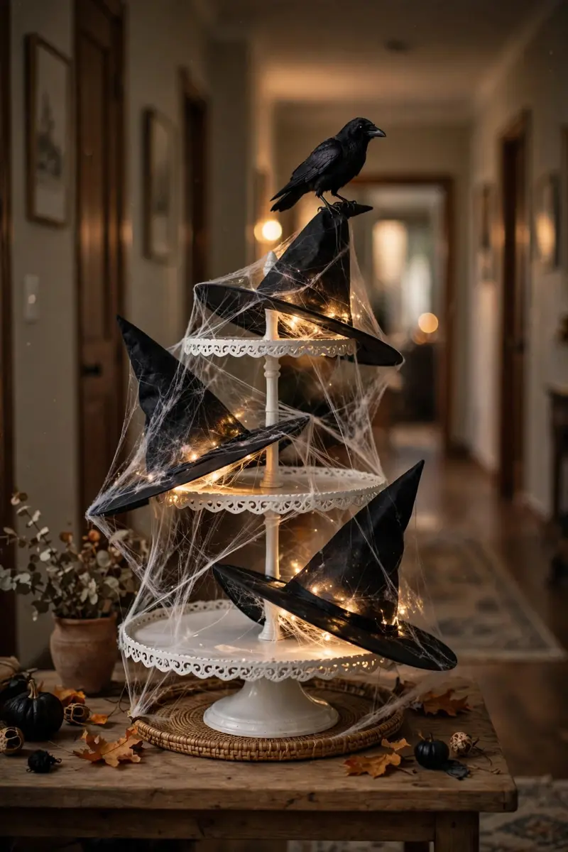 Tiered stand with glowing witch hats and a faux crow in an entryway