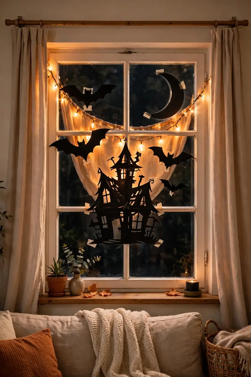 Halloween window decor ideas — black paper silhouette scene glowing at night