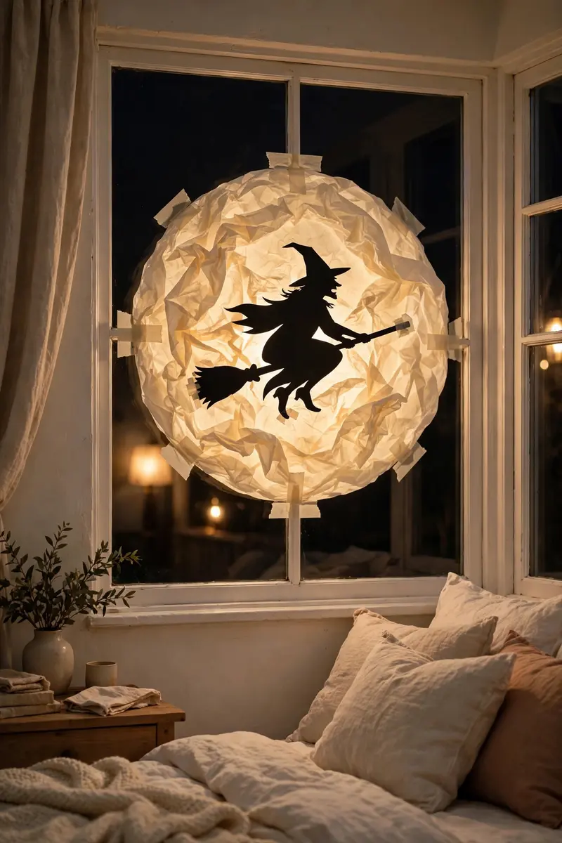 Halloween window decor ideas — witch silhouette flying across a glowing paper moon