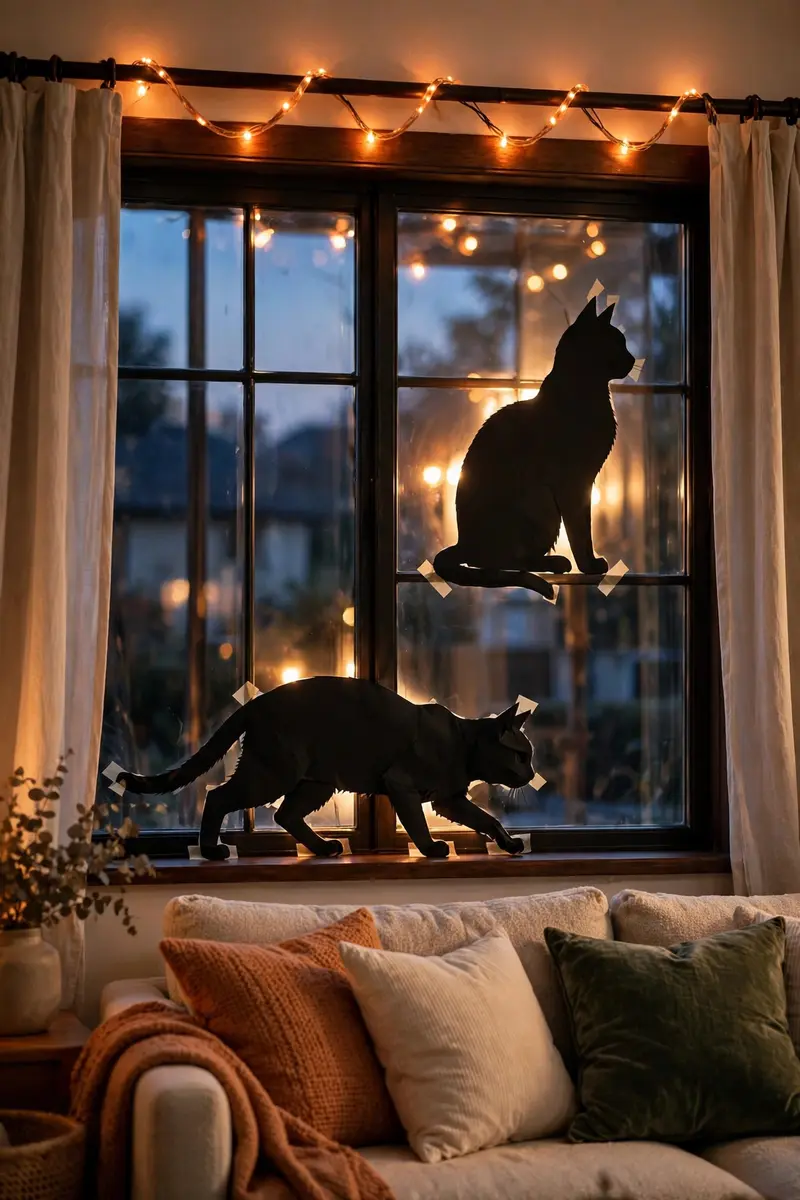 Halloween window decor ideas — black cat silhouettes with orange string lights