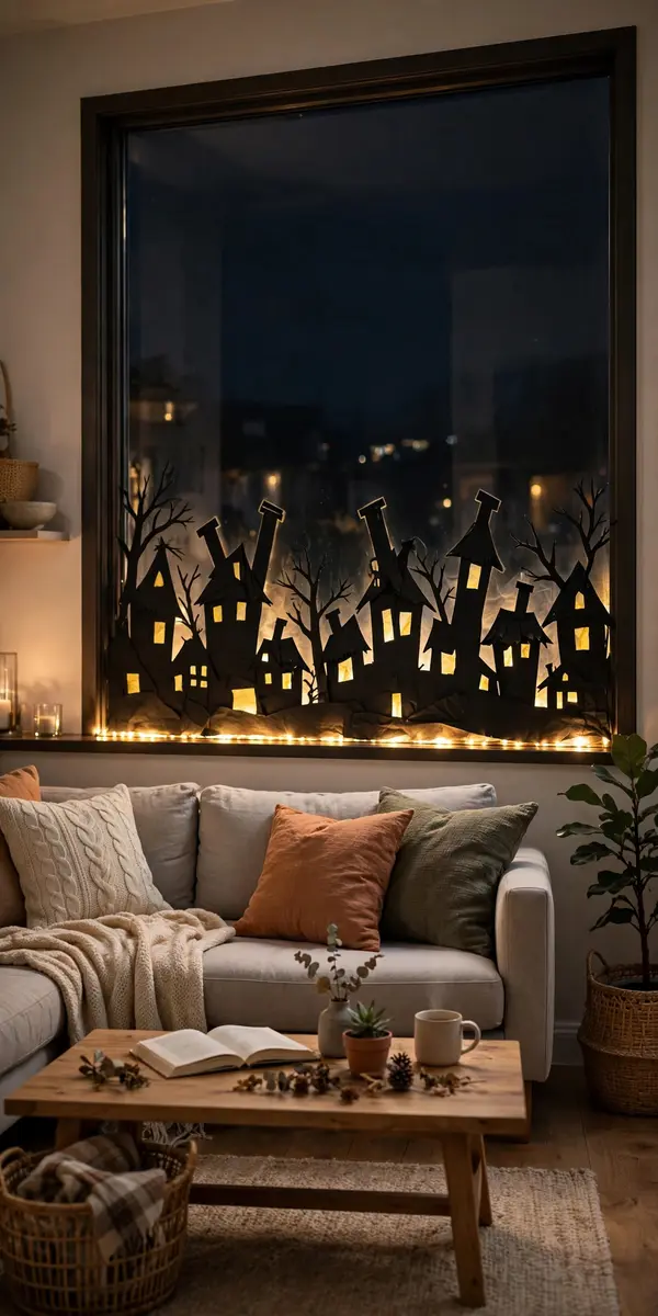 Haunted house paper skyline glowing along a picture window at night