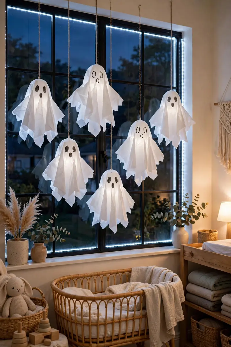 White tissue paper ghosts glowing in a nursery window