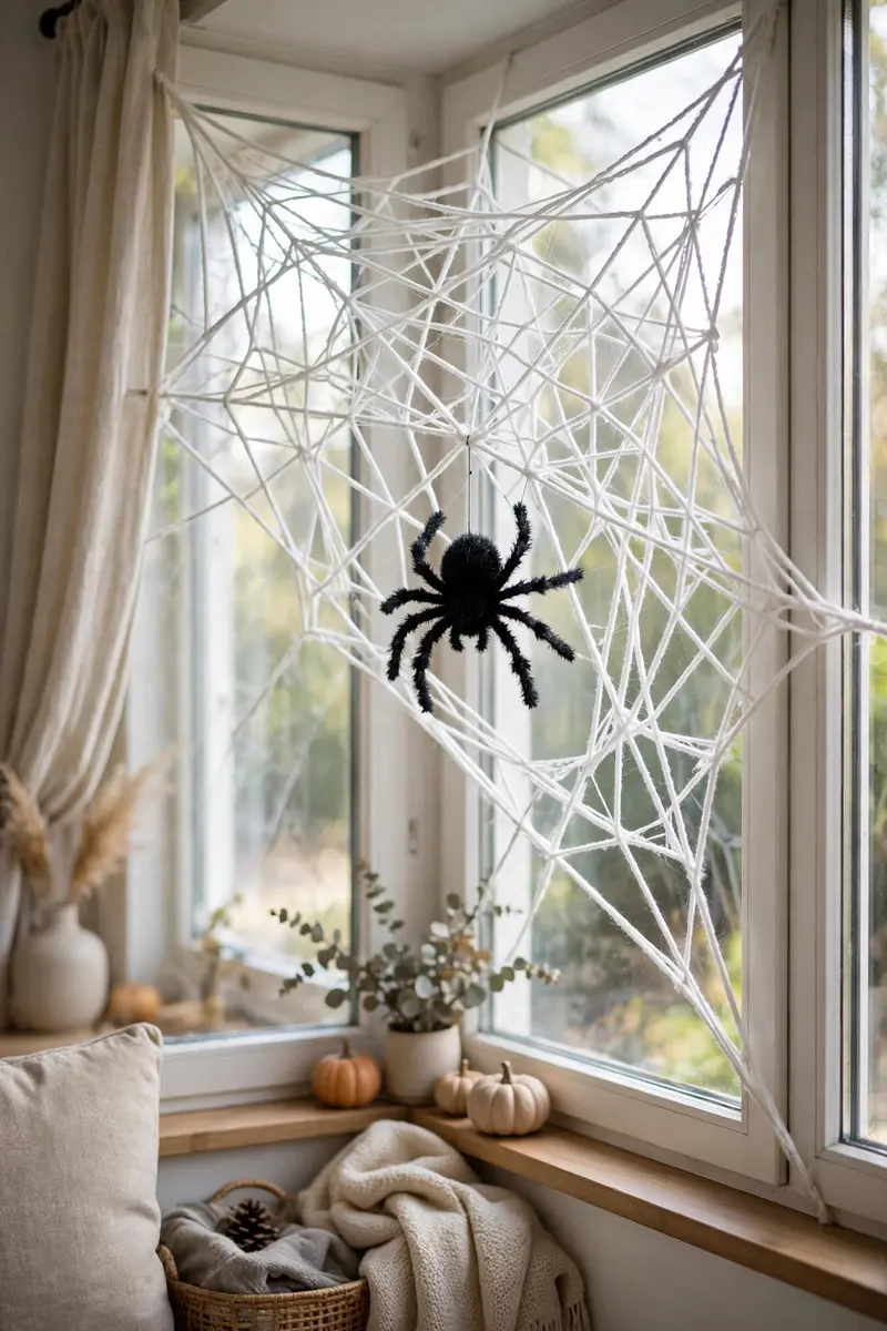 Giant yarn spiderweb with a large spider in a window corner