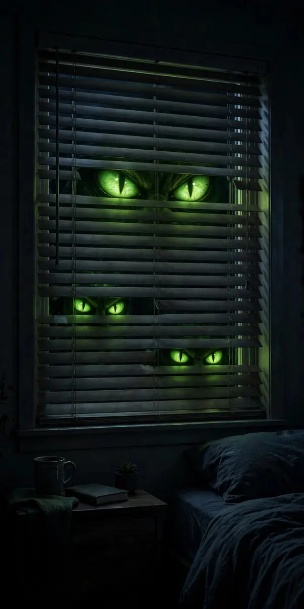 Glowing green monster eyes peeking between window blinds at night