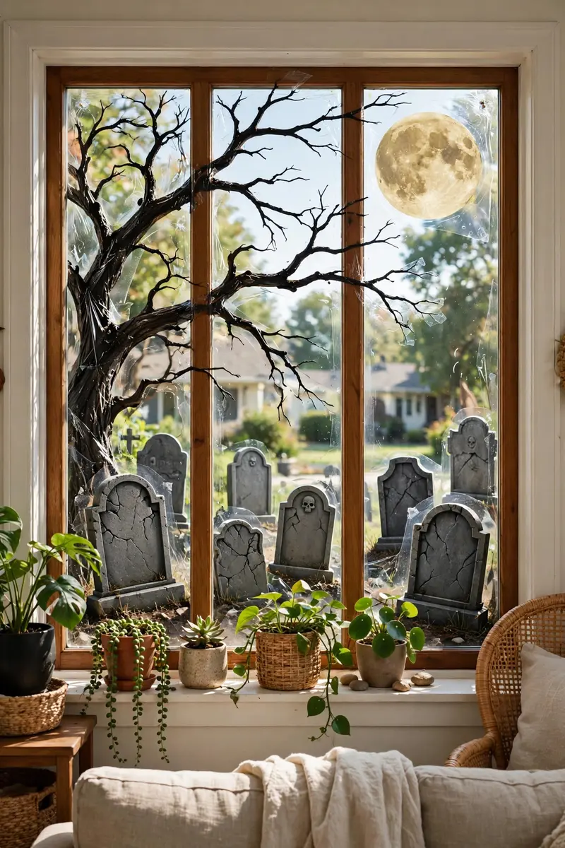 Halloween window clings showing a graveyard scene with tombstones and moon