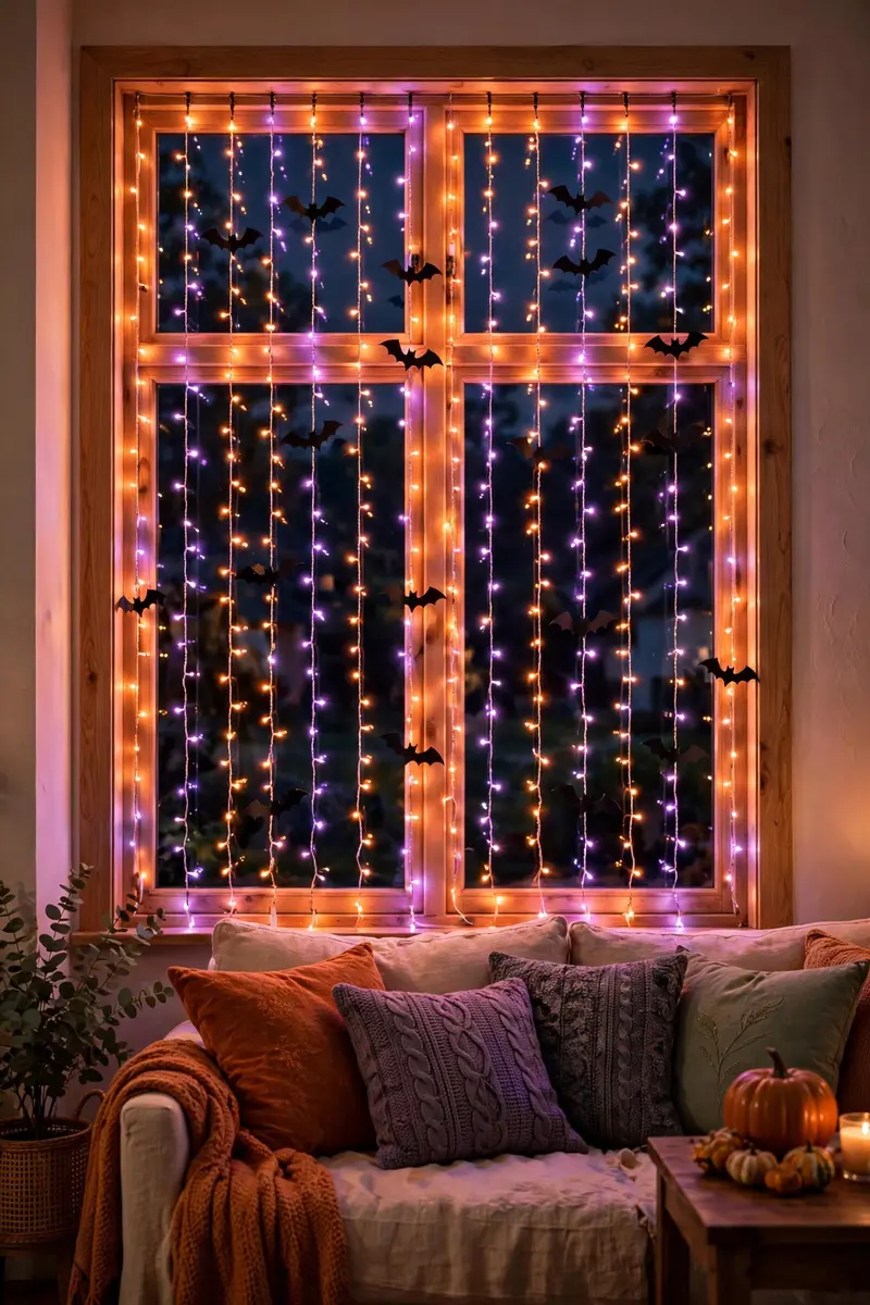 Orange and purple fairy light curtain glowing in a Halloween window