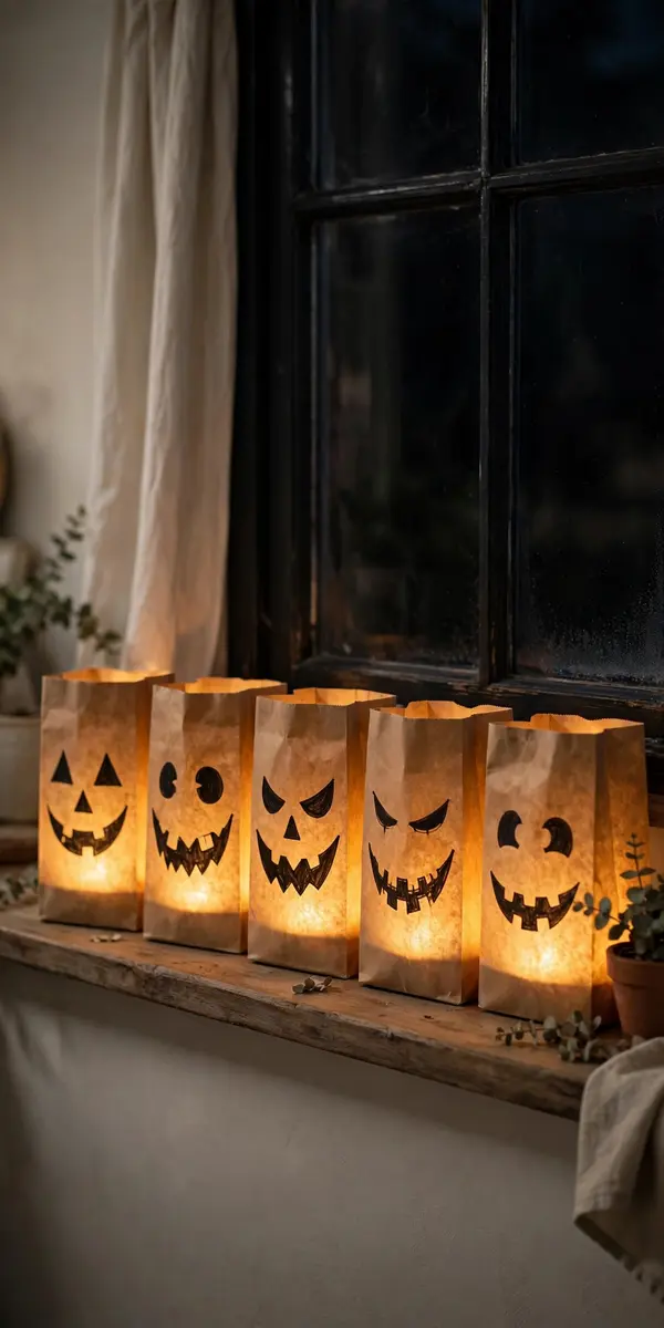 Paper bag jack-o'-lantern luminaries glowing on a windowsill