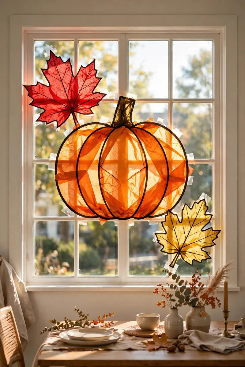 Tissue paper pumpkins glowing like stained glass in a window