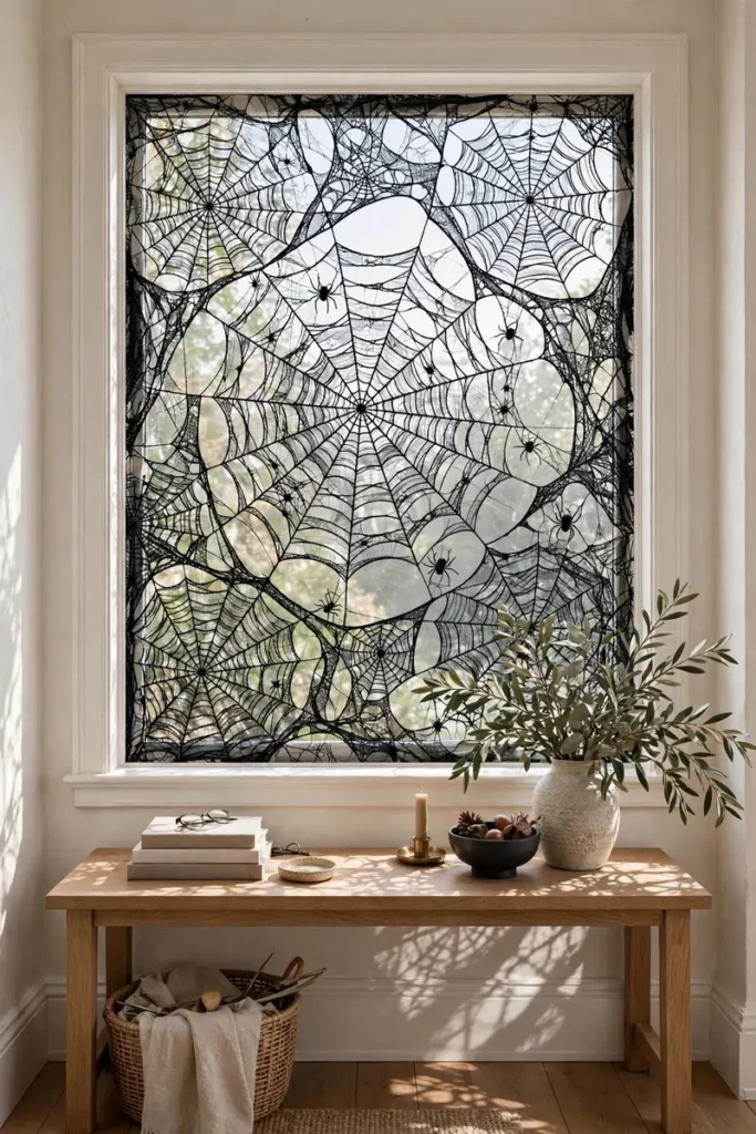 Black lace spiderweb window film on an entryway window