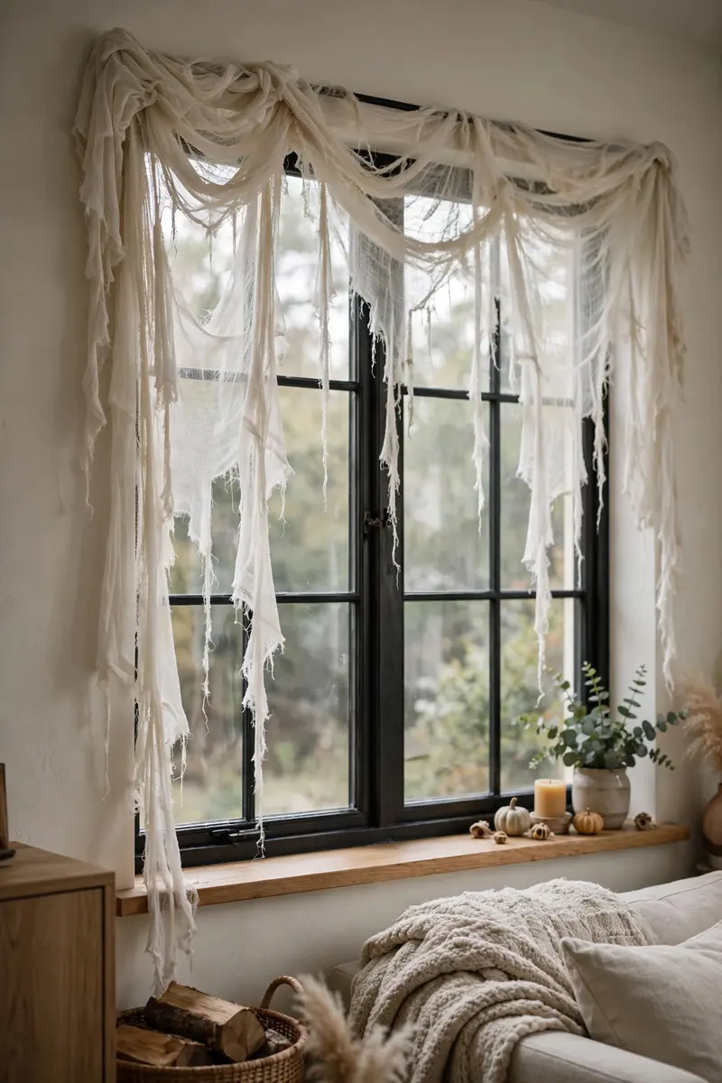 Tattered cheesecloth draped over a Halloween window