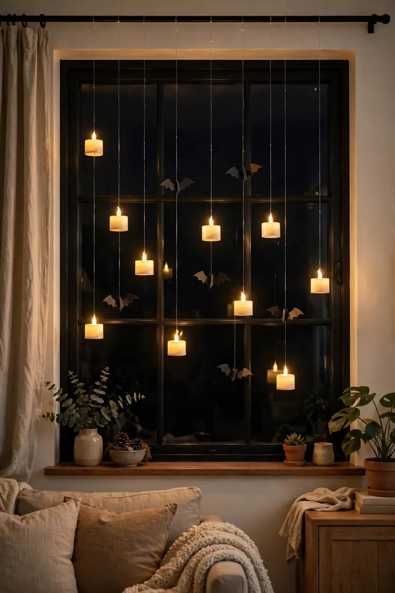 LED tea lights floating on fishing line in front of a window at night
