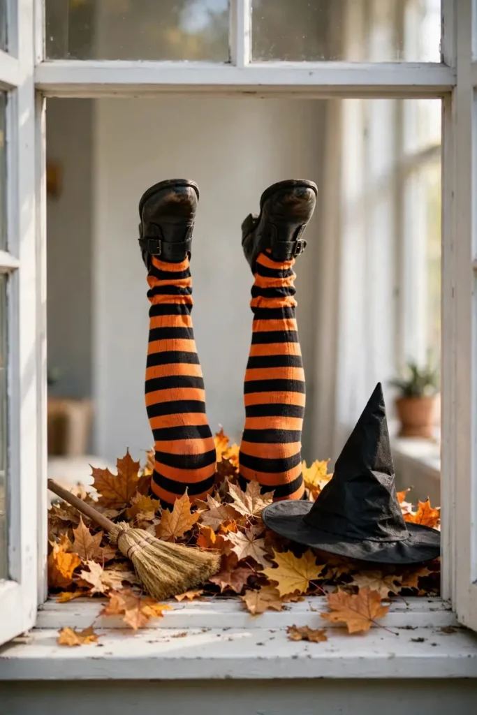 Witch legs crash-landing decoration on a windowsill seen through glass