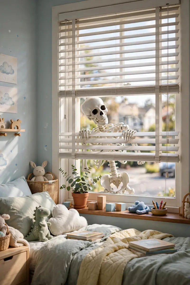 Plastic skeleton peeking through window blinds