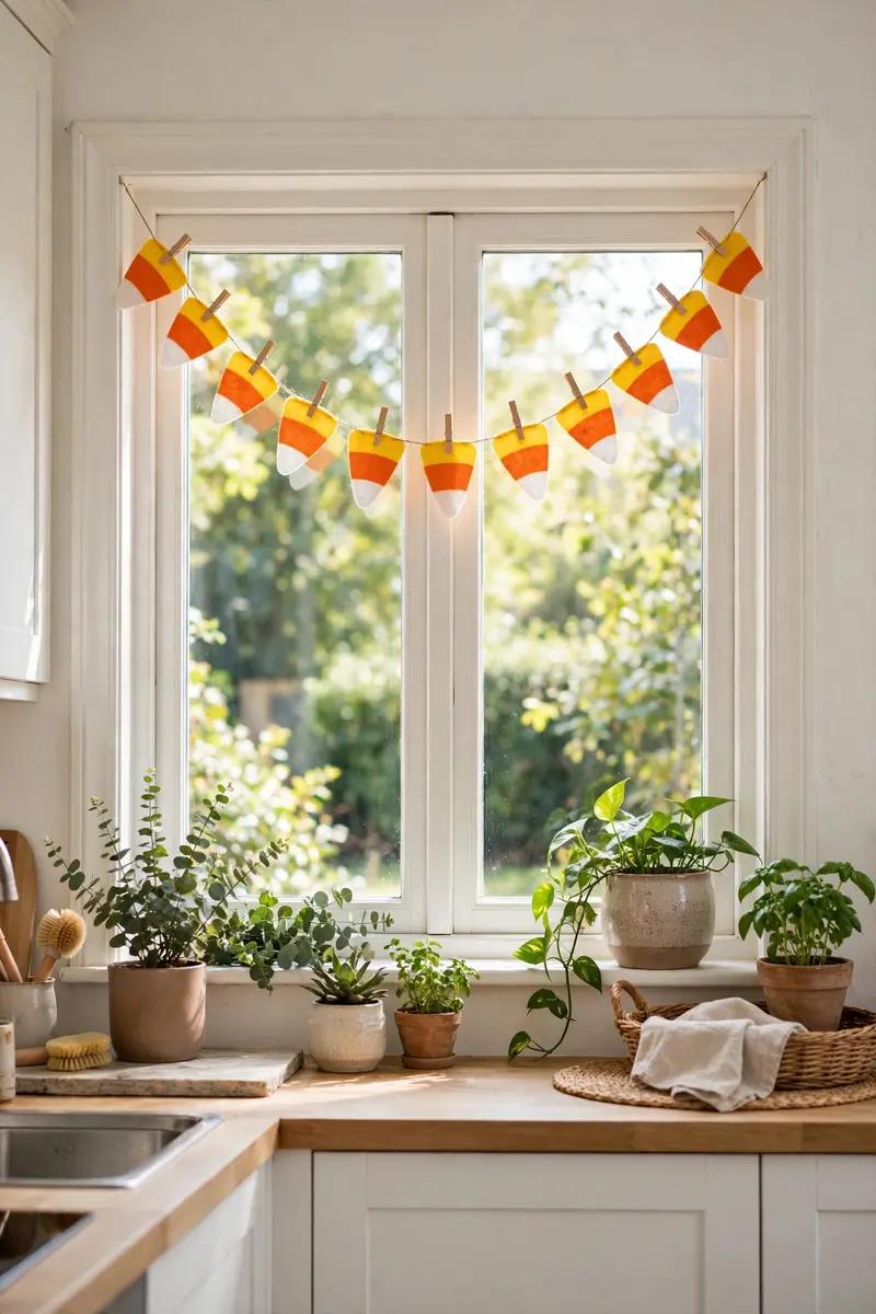 Felt candy corn bunting swag across a kitchen window