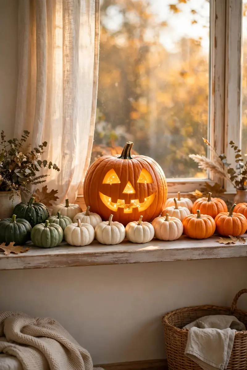Row of mini pumpkins along a window ledge with a glowing centerpiece