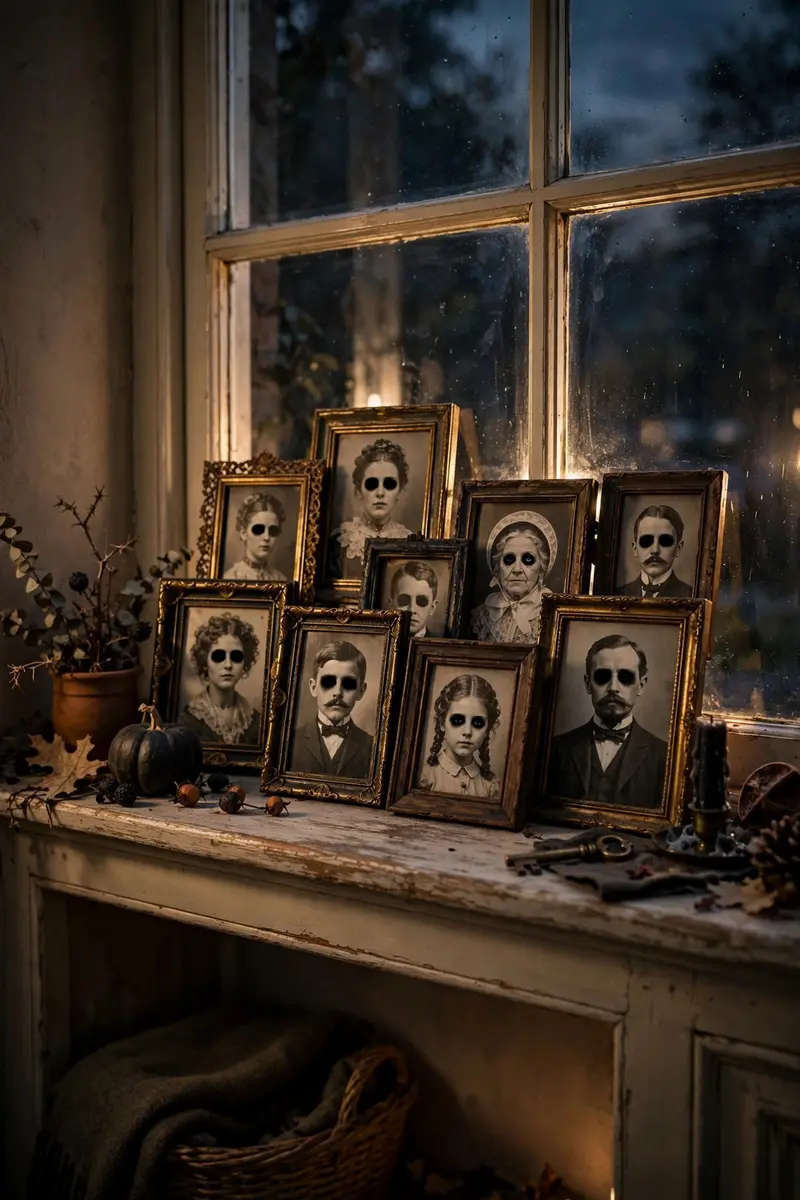 Vintage portraits with blacked-out eyes leaning on a windowsill