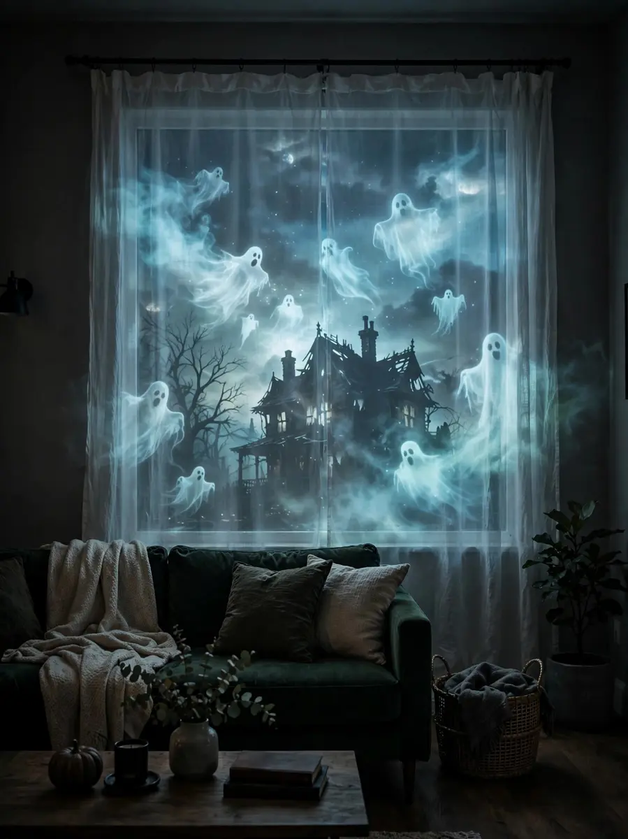 Halloween projector show cast on a sheer curtain in a window