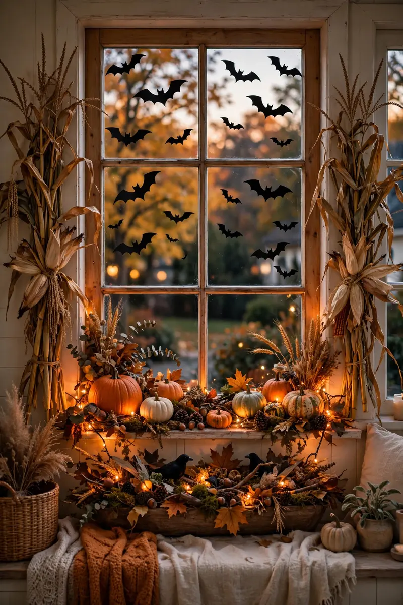 Fall-to-Halloween layered window display with corn stalks and bats
