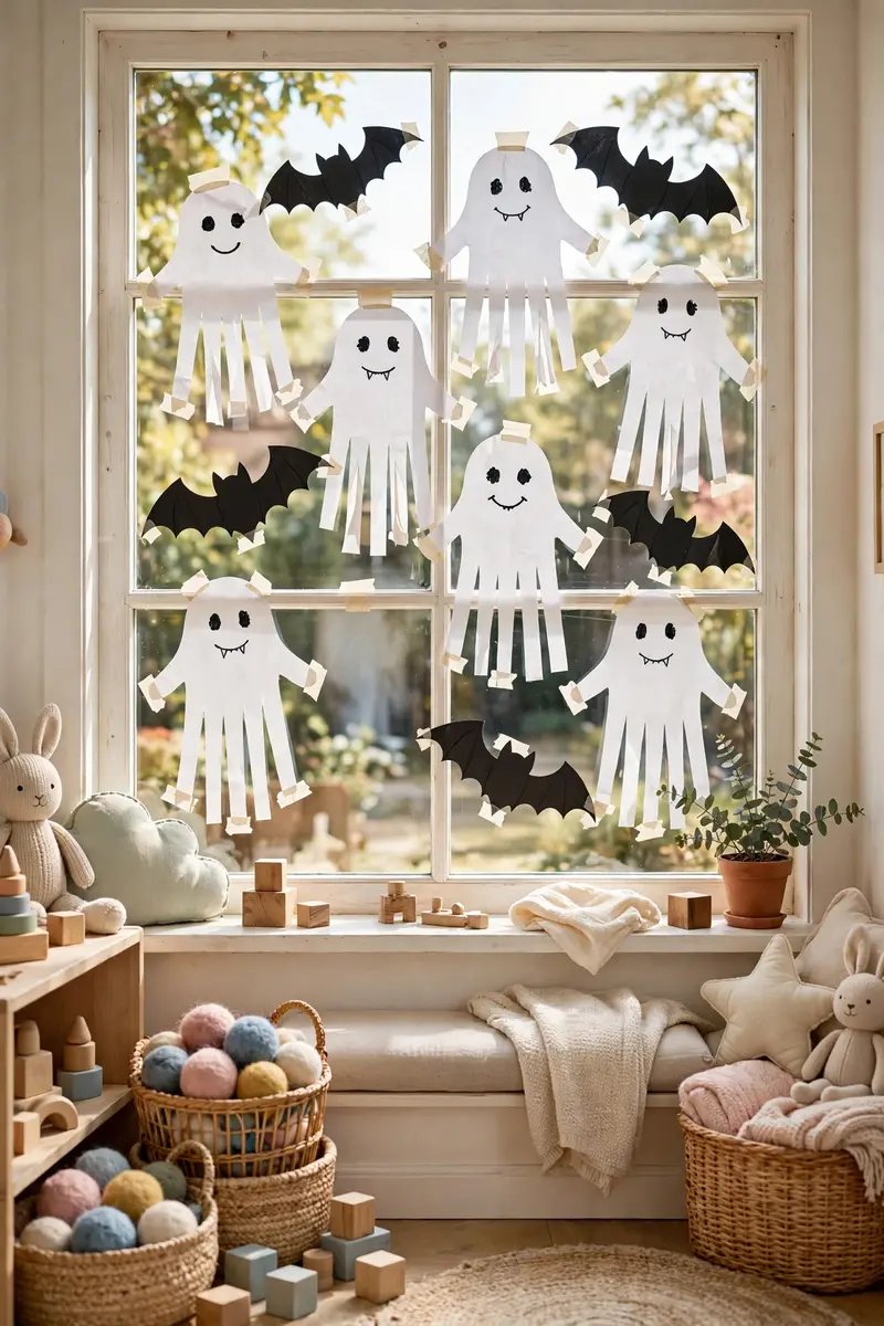Kids handprint ghost crafts taped on a playroom window