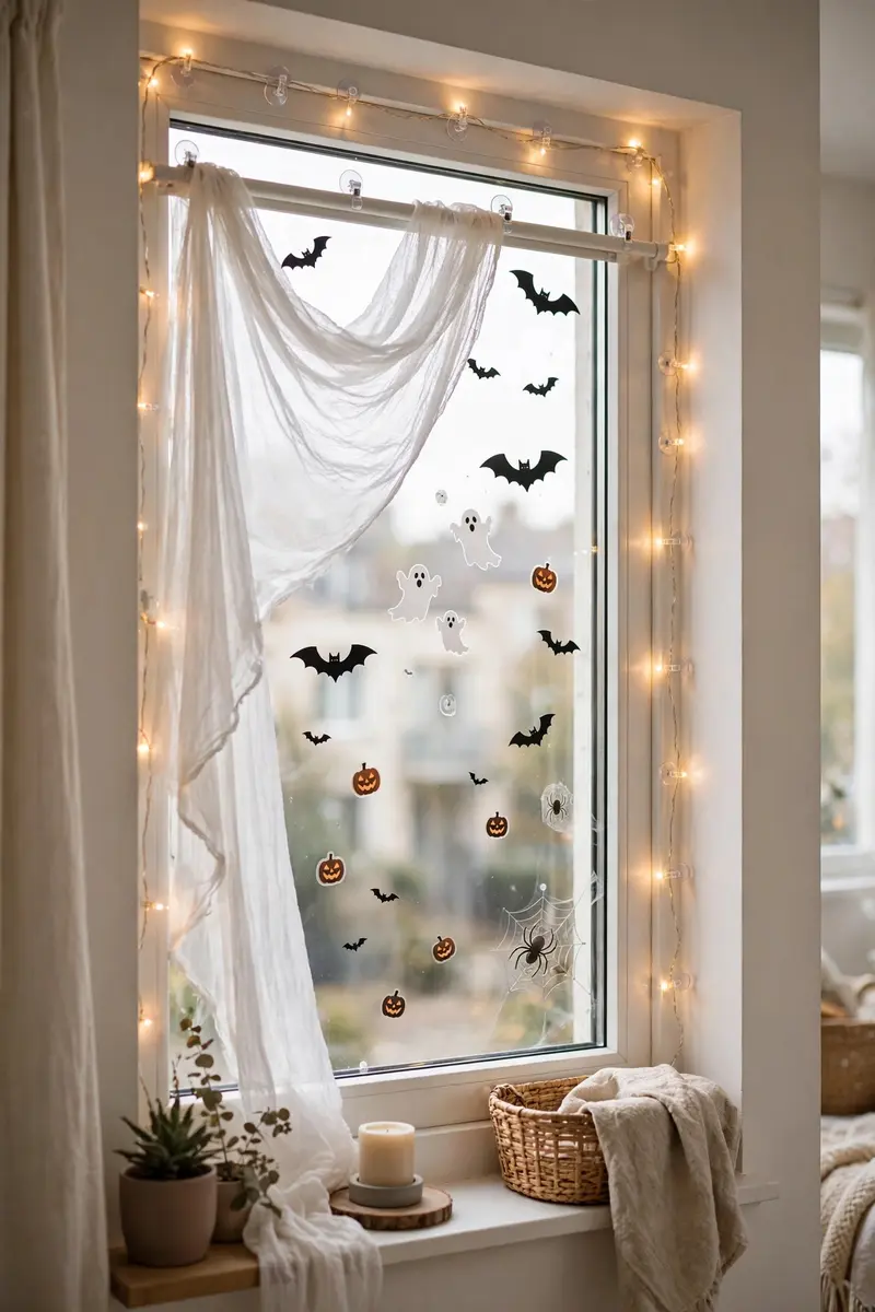 Renter-friendly Halloween window with clings, suction-cup lights and gauze