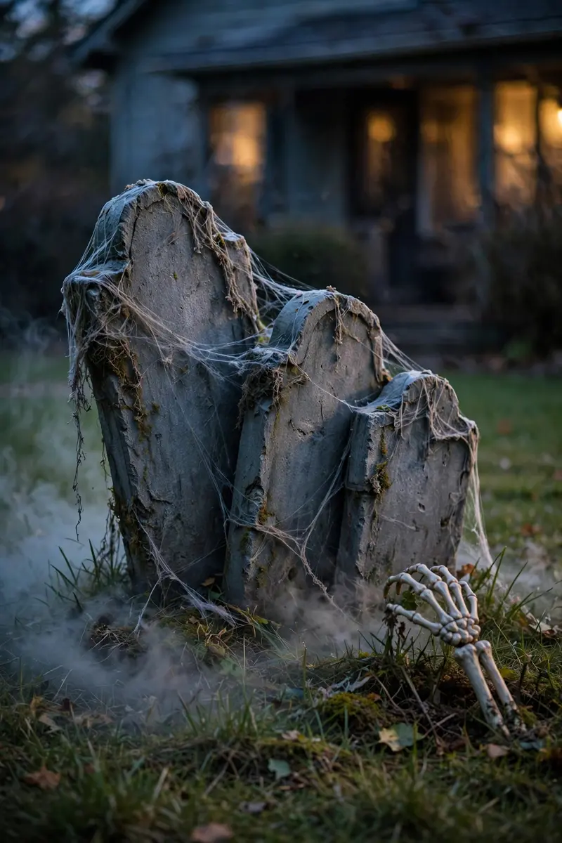 Halloween outdoor decor ideas — haunted graveyard corner with crooked tombstones and fog