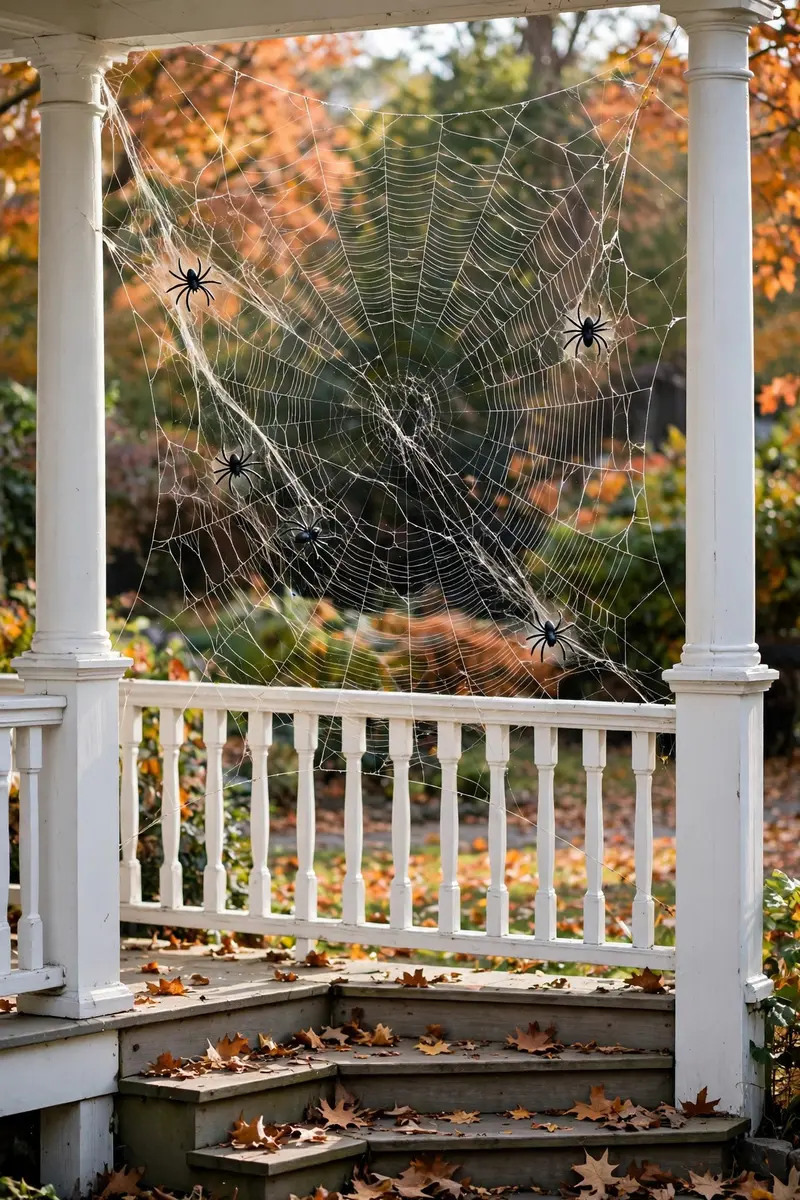 Halloween outdoor decor ideas — giant spiderweb stretched between porch columns with plastic spiders