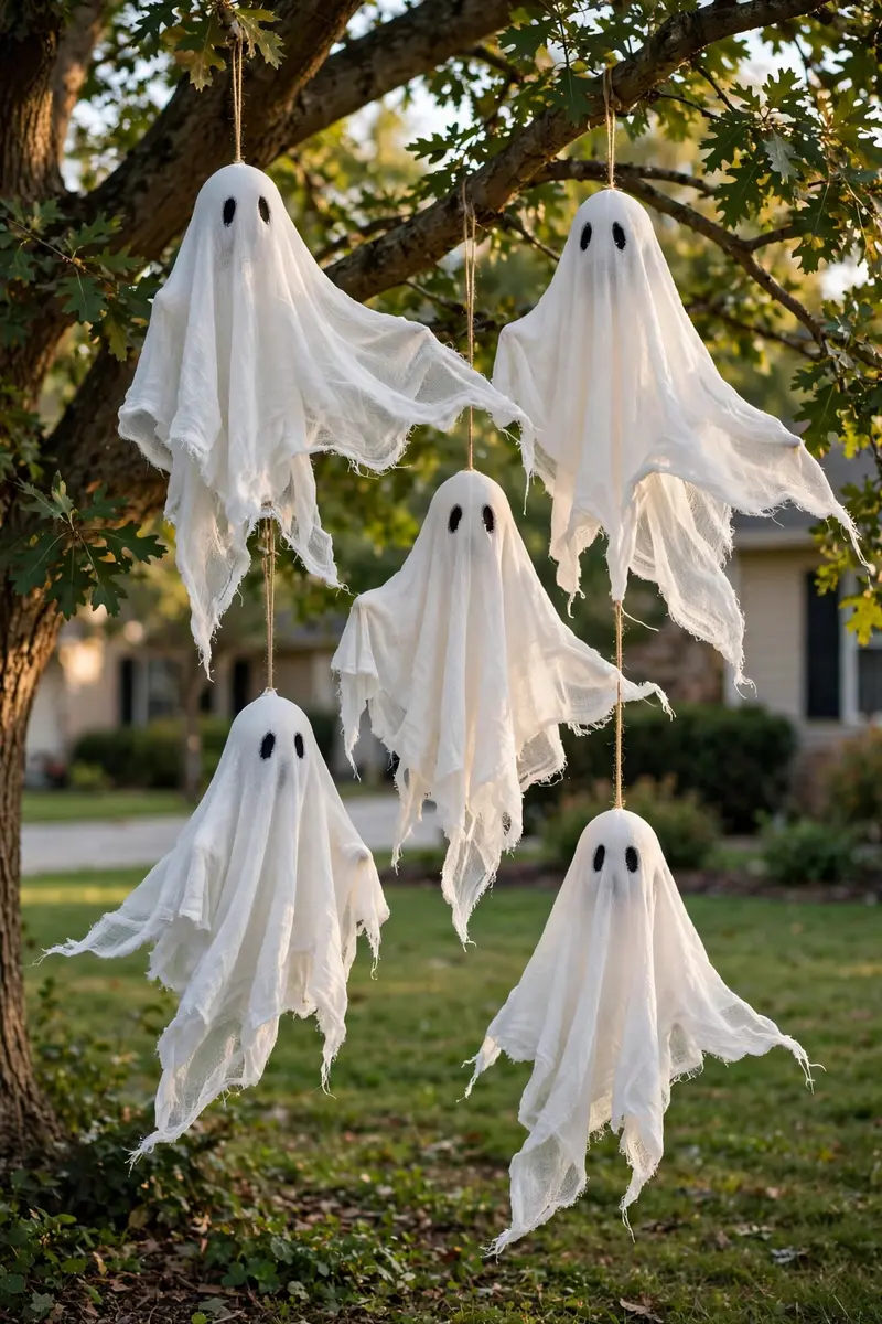 Cheesecloth ghost figures hanging from a front-yard tree