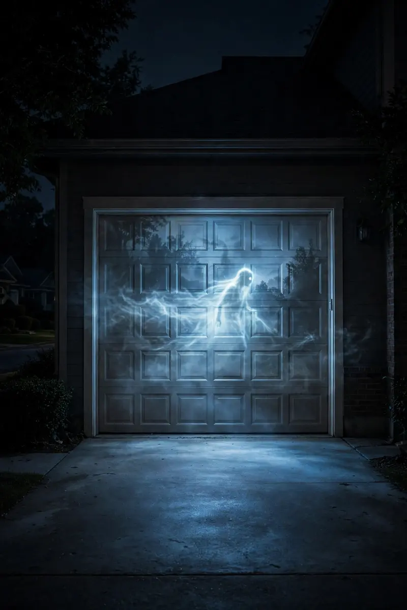 Projector horror scene glowing on a garage door at night