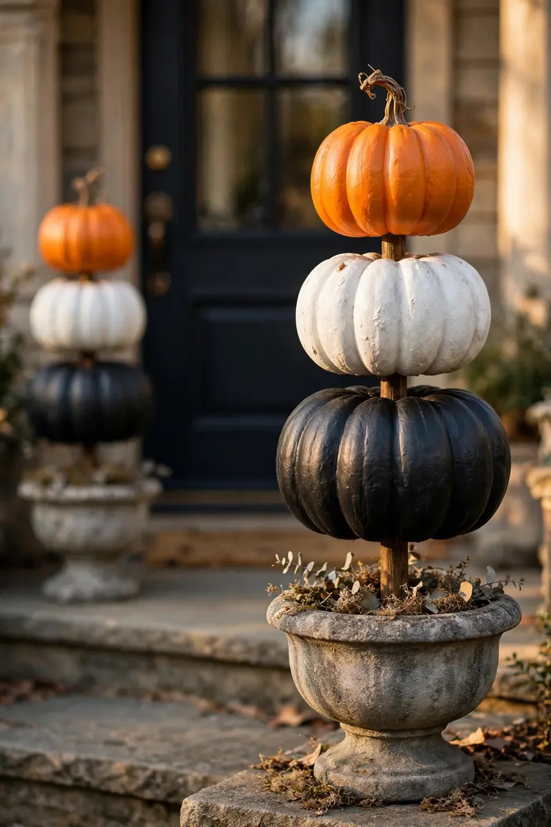 Stacked pumpkin topiary in a stone urn flanking a front door