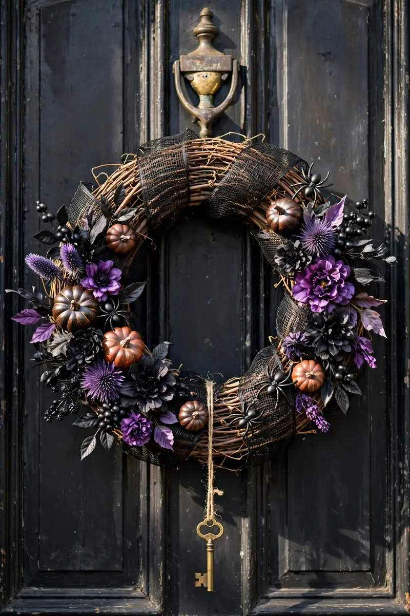 Spooky Halloween wreath with black ribbon and mini pumpkins on a front door