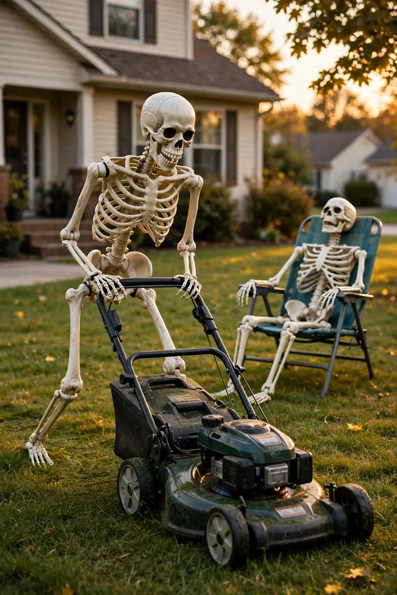 Skeleton family tableau — one mowing the lawn, one relaxing in a chair