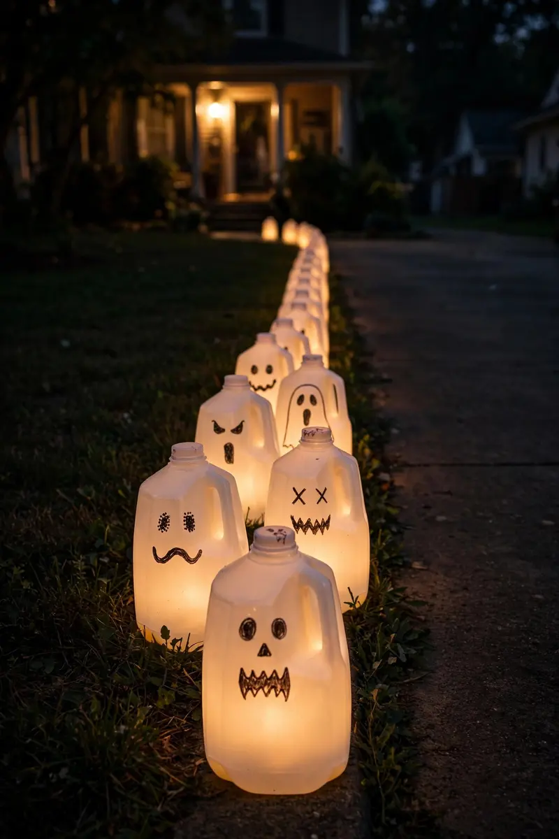 Glowing milk-jug ghost luminaries lining a driveway at night