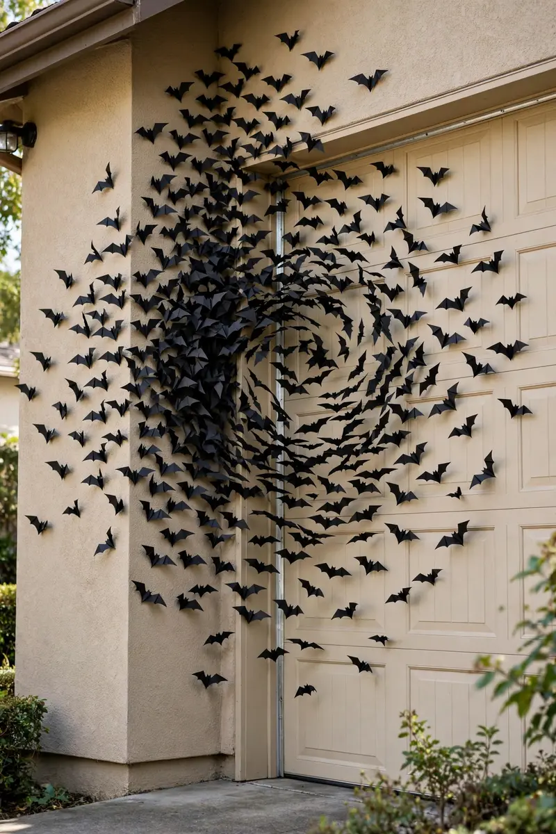 Swarm of black paper bats flying across a house facade