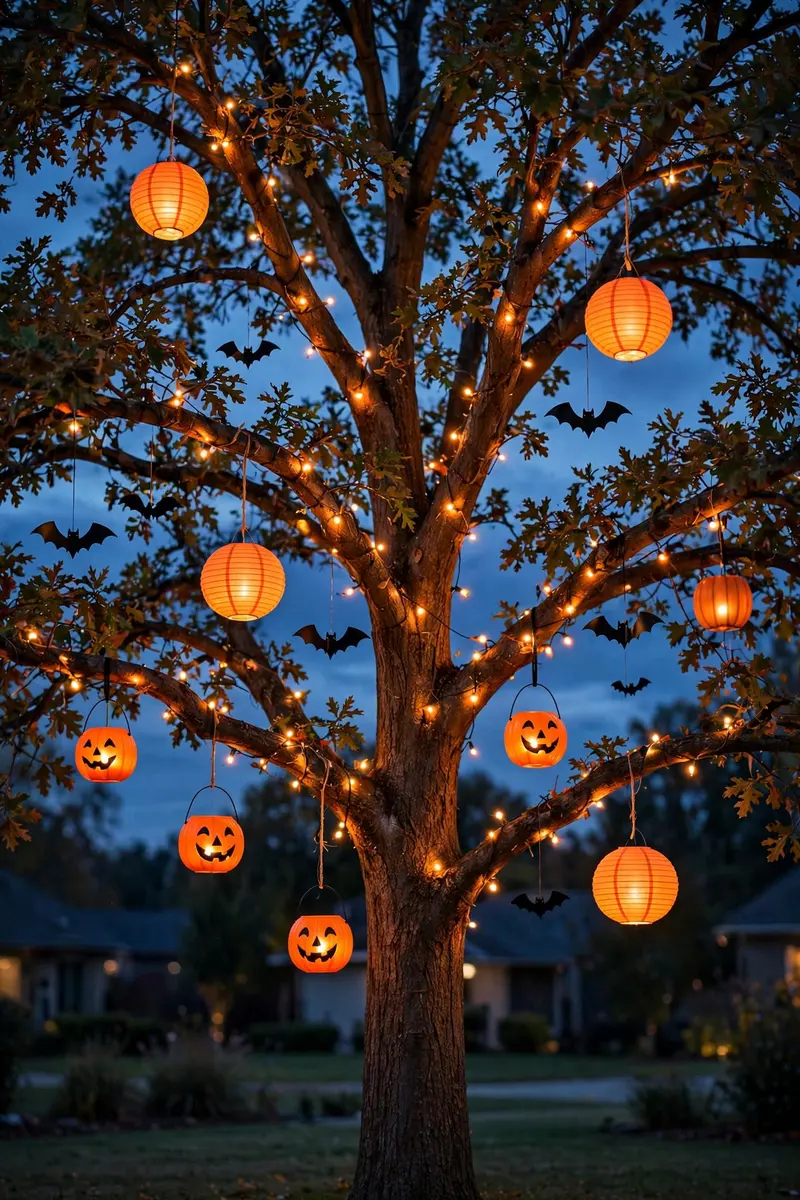 Front-yard tree decorated with hanging Halloween lanterns and lights