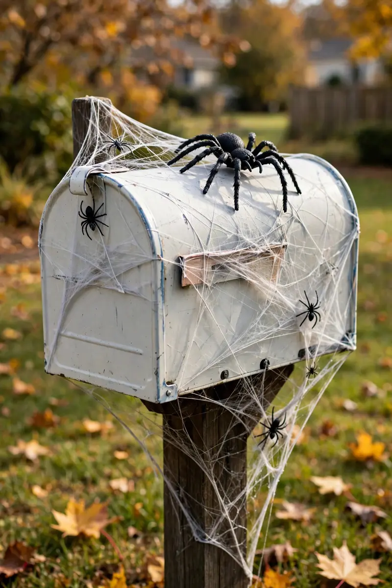 Mailbox wrapped in spiderweb with a giant plastic spider