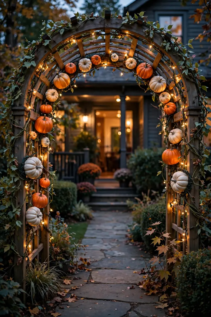 Pumpkin archway with vines and lights over a front walkway