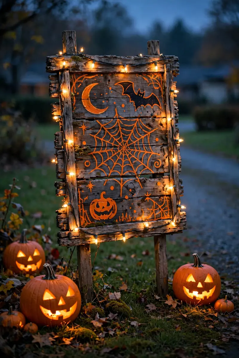 Hand-painted wooden trick-or-treat sign glowing at dusk