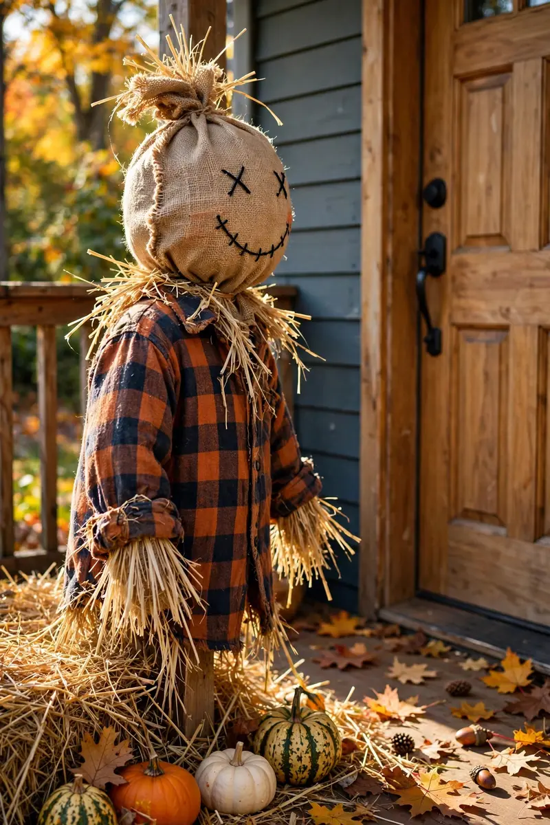 Homemade scarecrow with burlap head guarding a front door