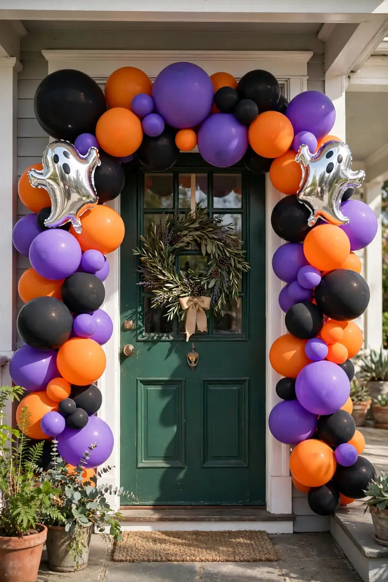 Black orange and purple balloon garland framing a front doorway