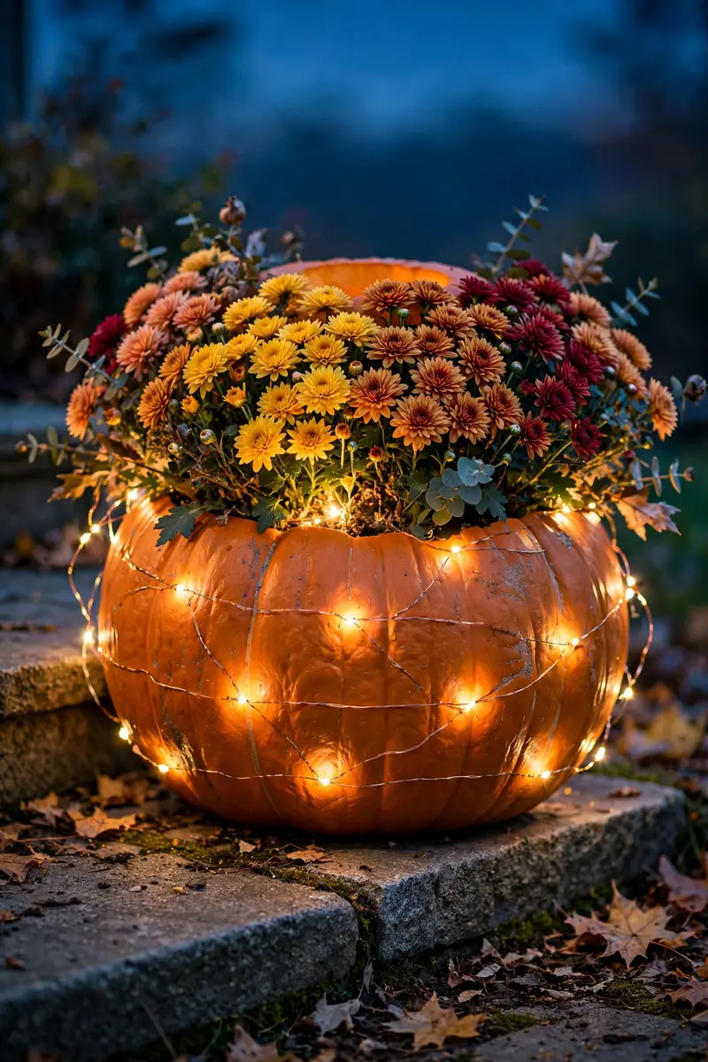 Glowing pumpkin planter with mums on porch steps at dusk