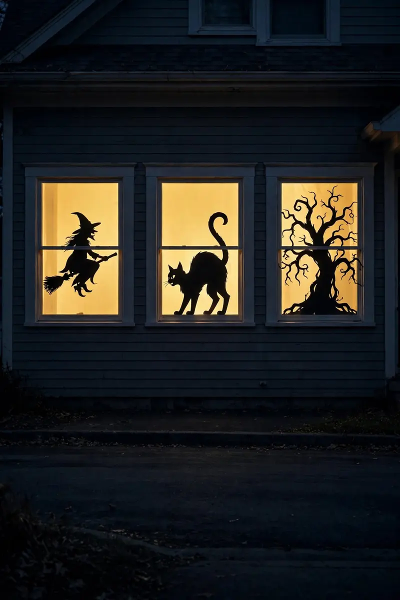 Backlit Halloween window silhouettes — witch, cat, haunted tree