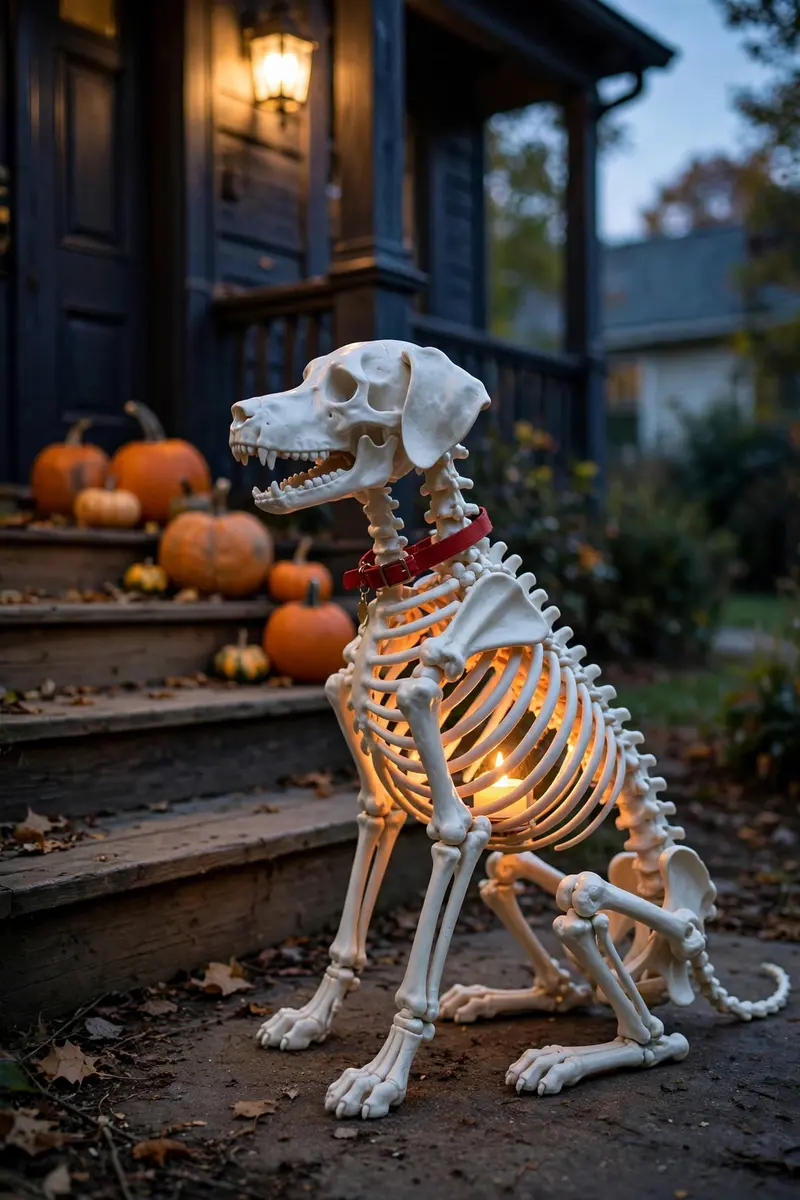 Skeleton dog with glowing ribcage guarding porch steps