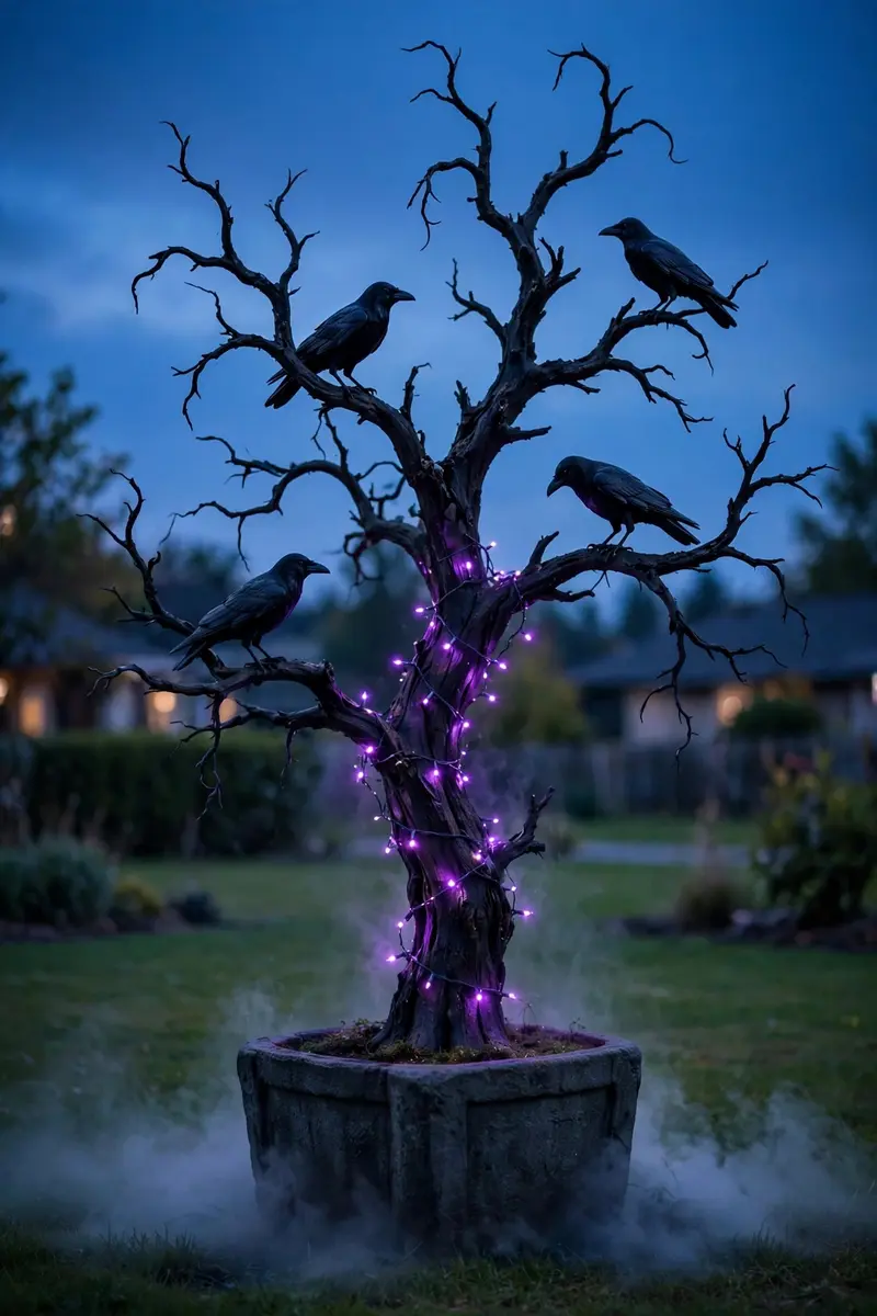 Twisted black branch tree with crows and purple lights
