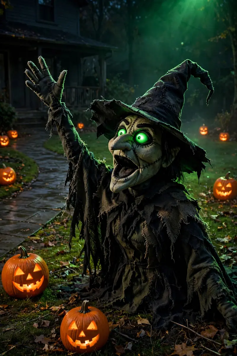 Animated cackling witch with glowing eyes by a walkway