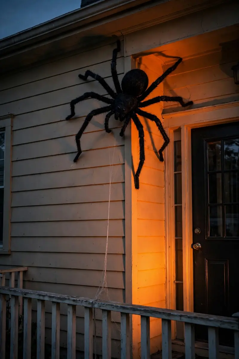 Giant spider prop climbing a house wall under orange spotlight
