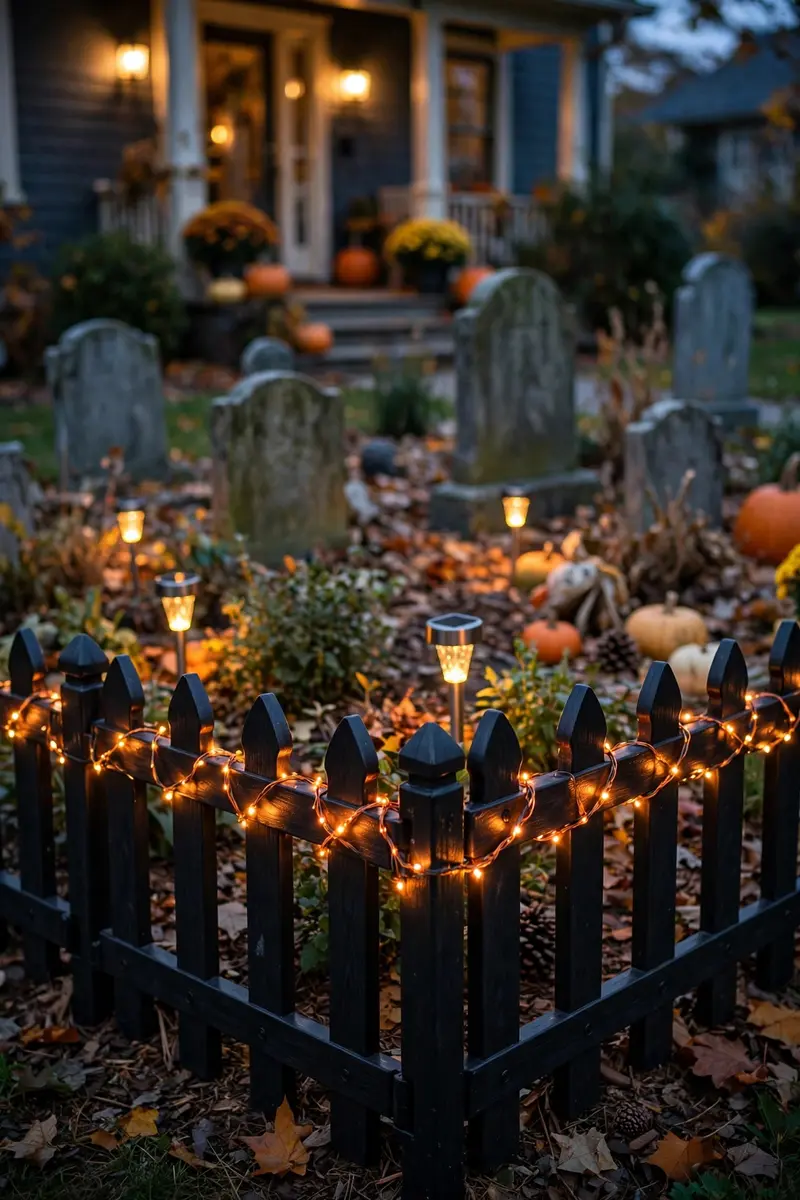 Lighted cemetery fence bordering a flowerbed at dusk