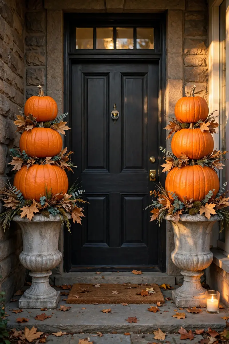 No-carve pumpkin topiaries flanking a front door